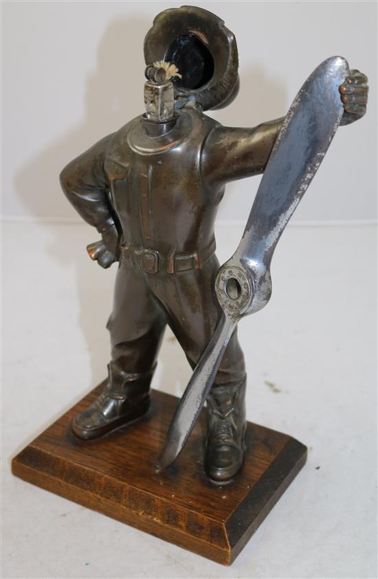 An Art Deco bronzed and chrome plated spelter aviator figural lighter, 10.75in.